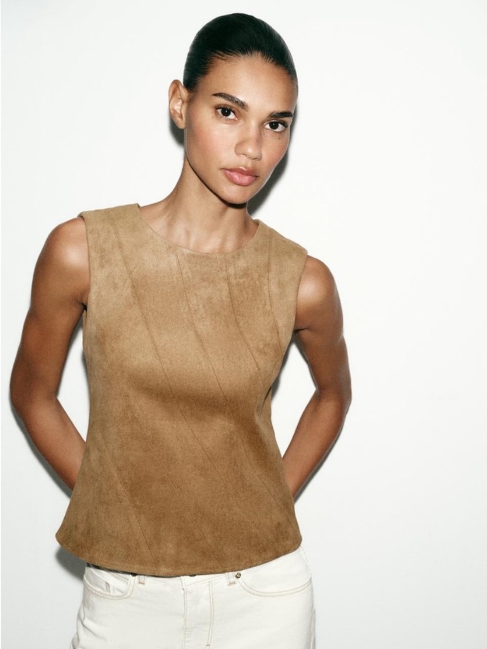 Zara Camel Suede Sleeveless Tank Top